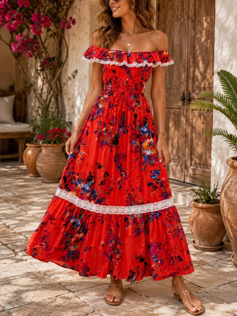 Umgee Floral Off‎ Shoulder Maxi Dress Coral Orange Boho Lace Trim Medium